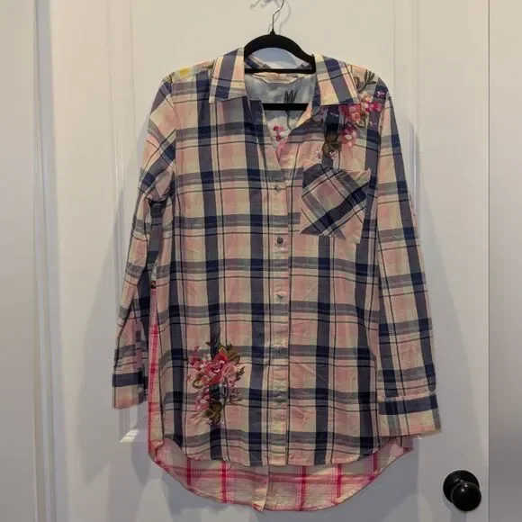 Soft Surroundings Plaid Floral Embroidered Button Down Tunic Small 100% Cotton - Picture 3 of 9